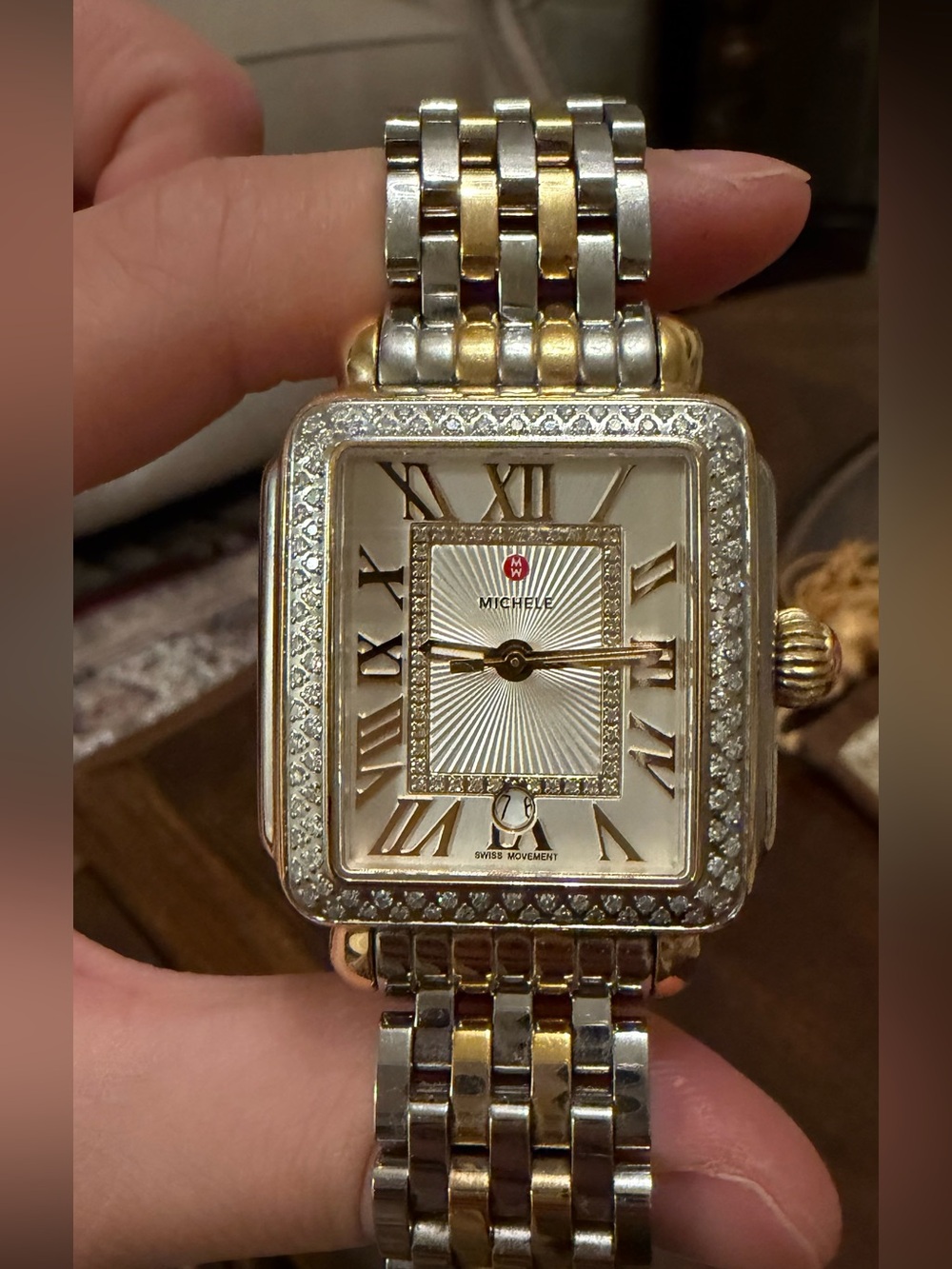 Michele Two-Tone Gold and Silver Diamond-Accented Women’s Bracelet Watch